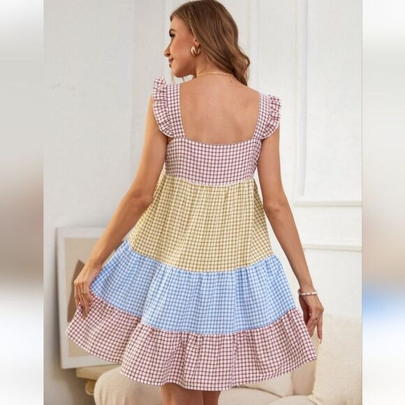 Boutique Gingham Blue Yellow Brown Plaid Ruffle Tiered Mini Dress XL - Picture 9 of 9